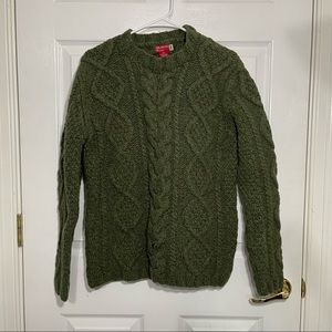 Guess Woman’s Fisherman Cable Knit Sweater Green Chunky Lambs Wool Size Small